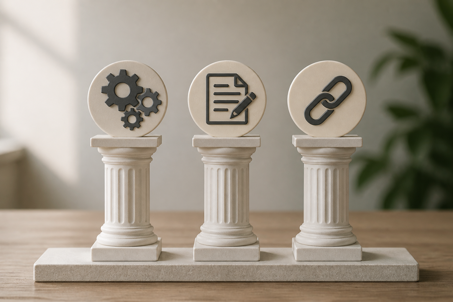 Schéma des trois piliers du SEO marketing digital