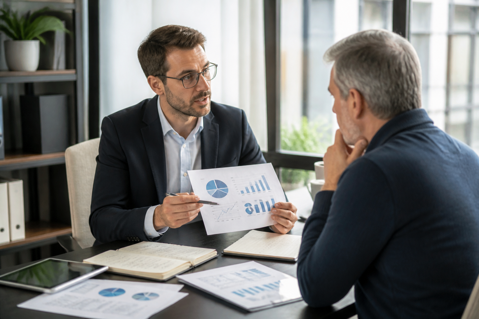 Consultant marketing discutant plan de communication avec dirigeant PME