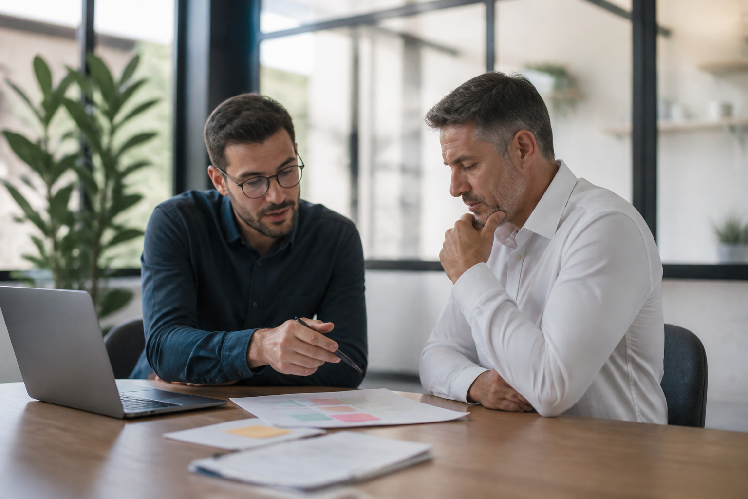 Consultant marketing et dirigeant PME analysant un mapping concurrentiel