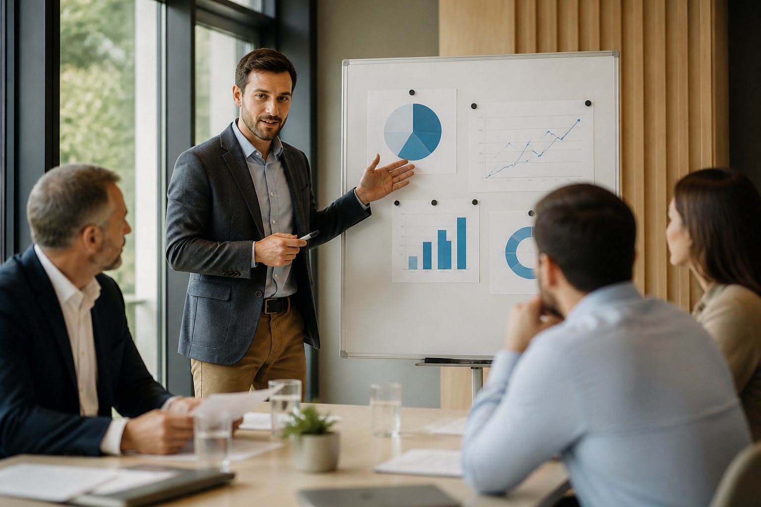 Consultant marketing en réunion avec dirigeants PME expliquant la segmentation marketing