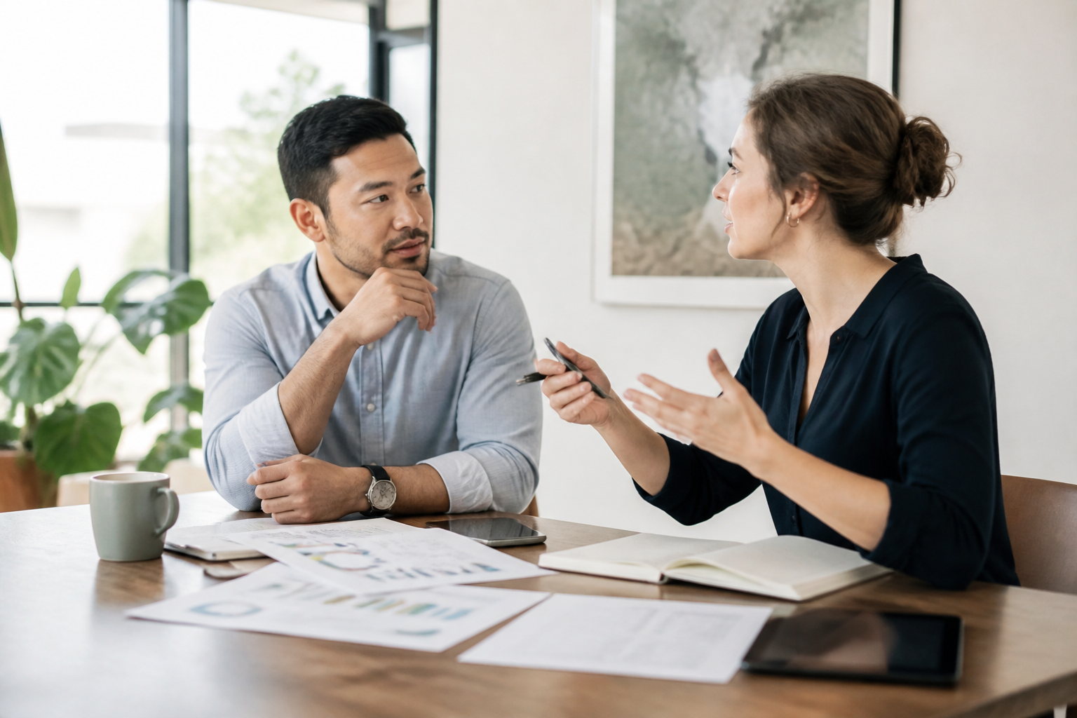 Dirigeant de PME discutant de stratégie marketing digital avec un consultant