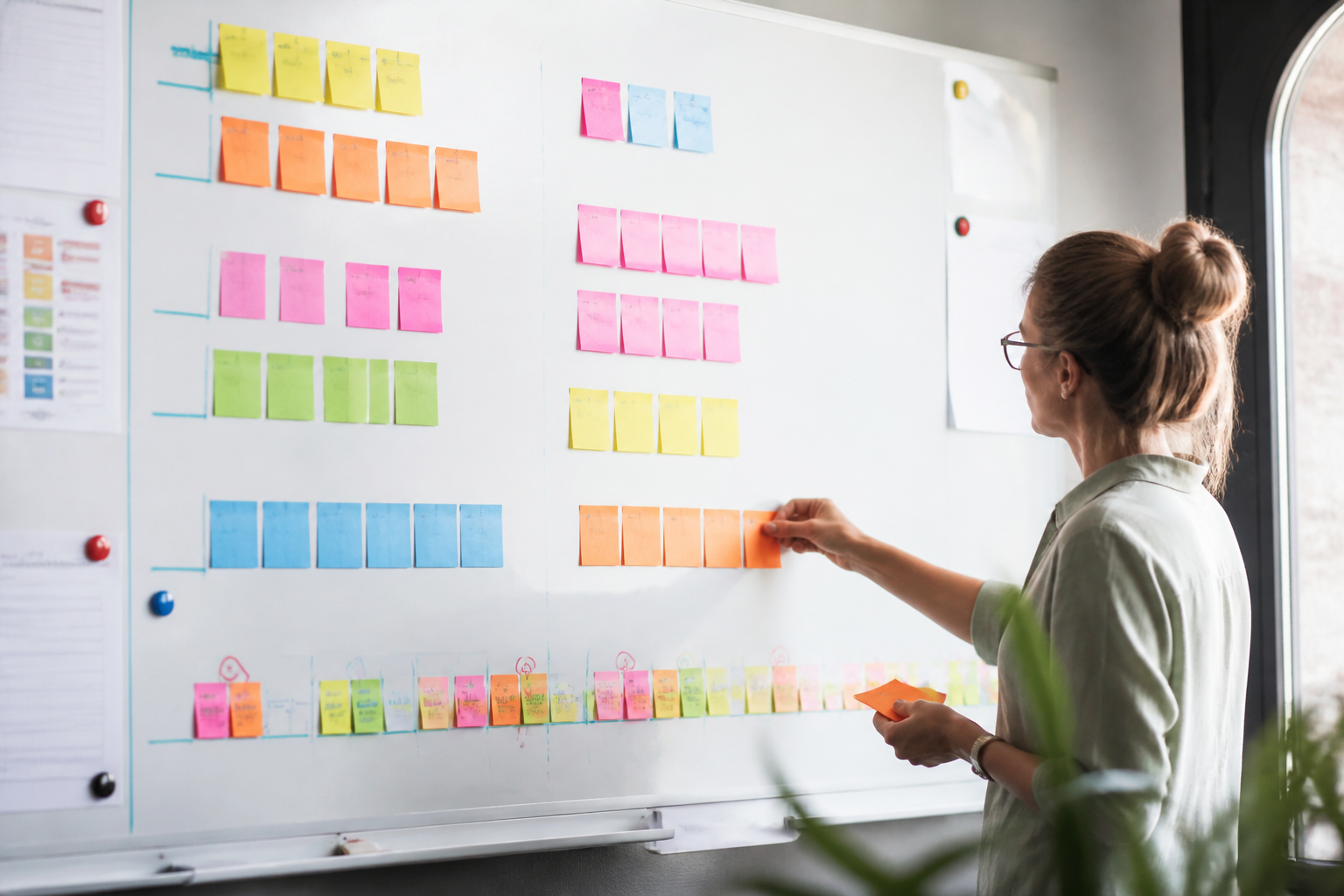 Tableau blanc avec plan de communication projet structuré en post-it colorés