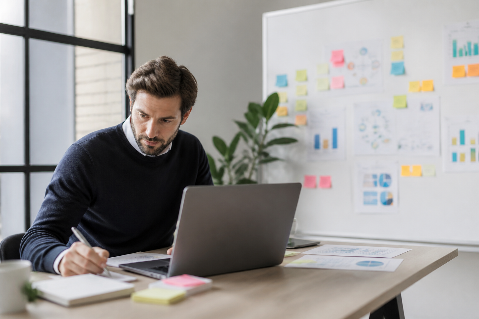 Consultant marketing analysant le positionnement stratégique à l’aide d’un tableau blanc