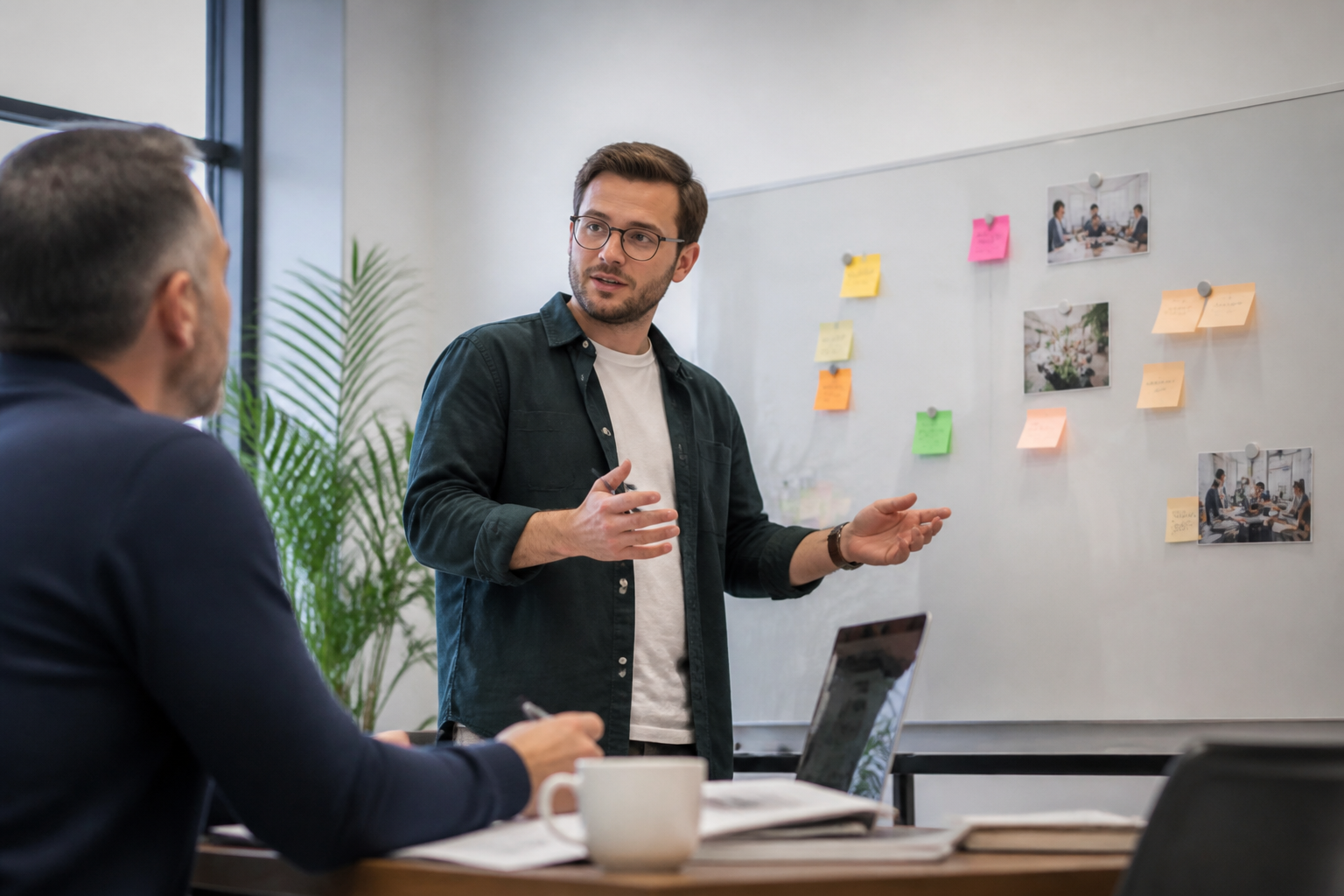 Consultant marketing en réunion avec dirigeant PME pour définir la culture d'entreprise