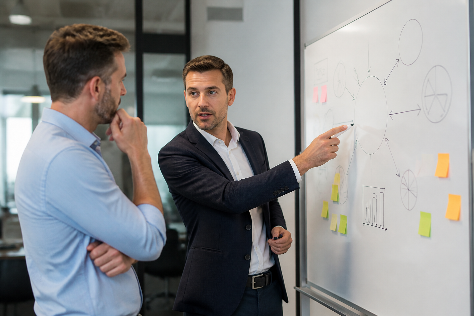 Consultant marketing discutant la stratégie avec un dirigeant de PME