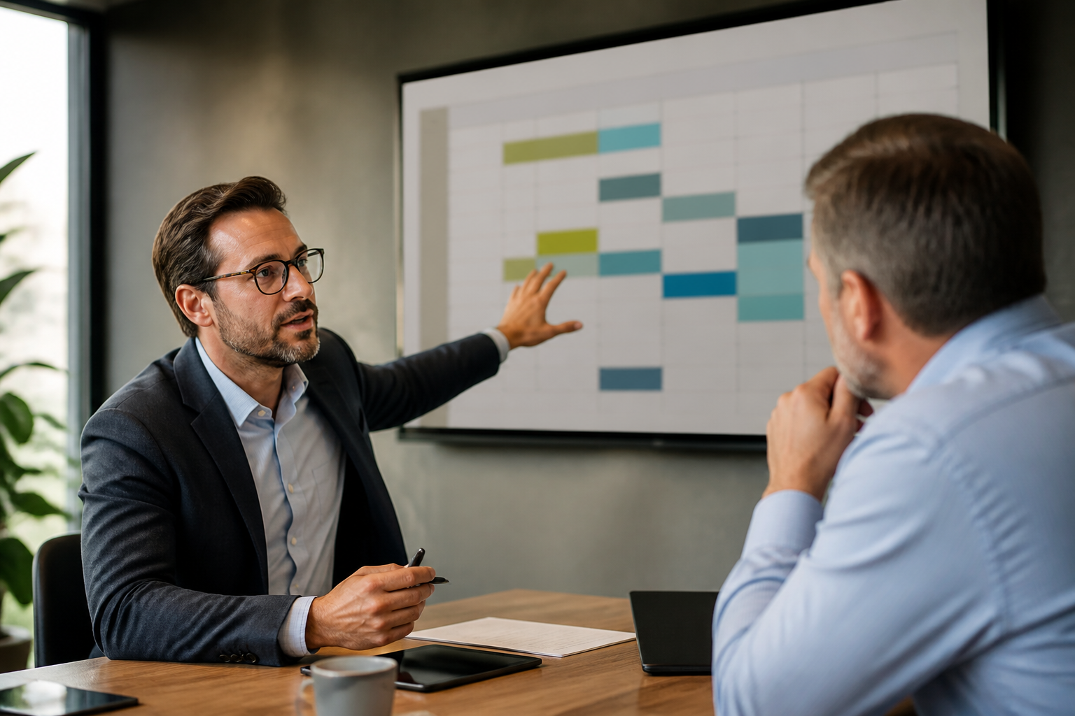 Consultant marketing présentant un plan de communication sous forme de tableau à un dirigeant de PME