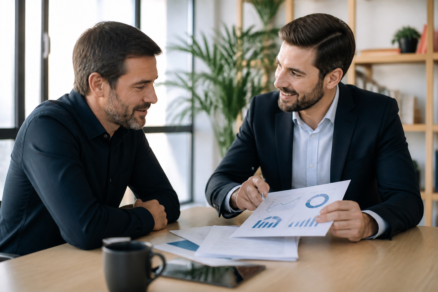 Réunion entre dirigeant de PME et consultant marketing autour d’un audit SEO