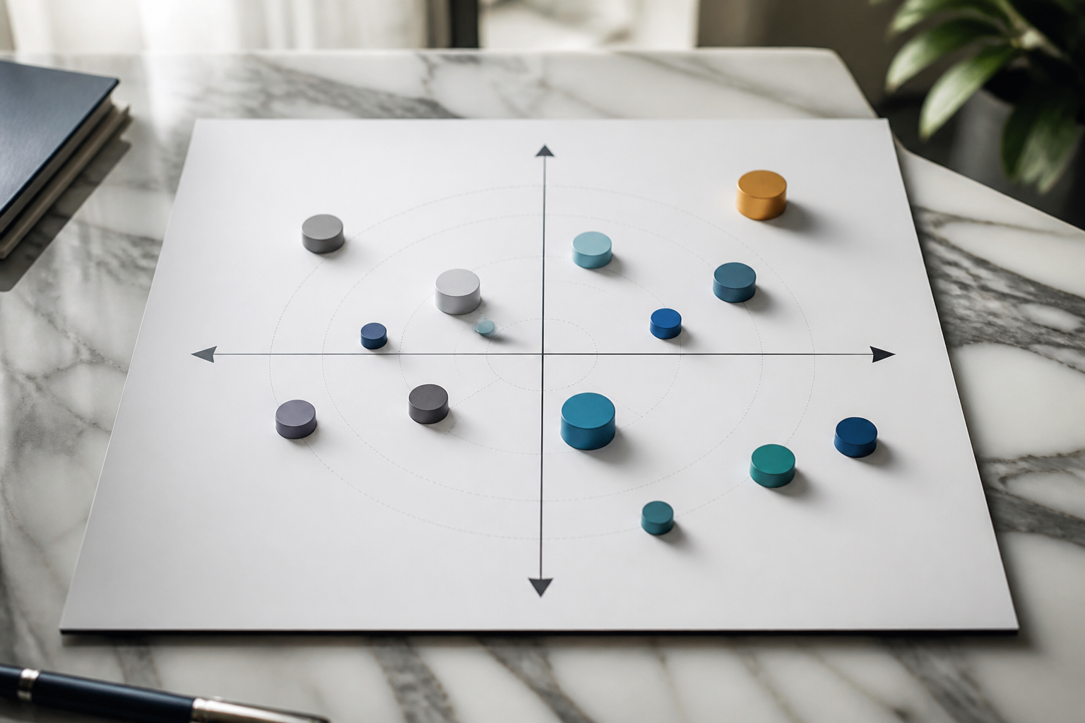 Tableau de positionnement d'entreprise avec axes de différenciation