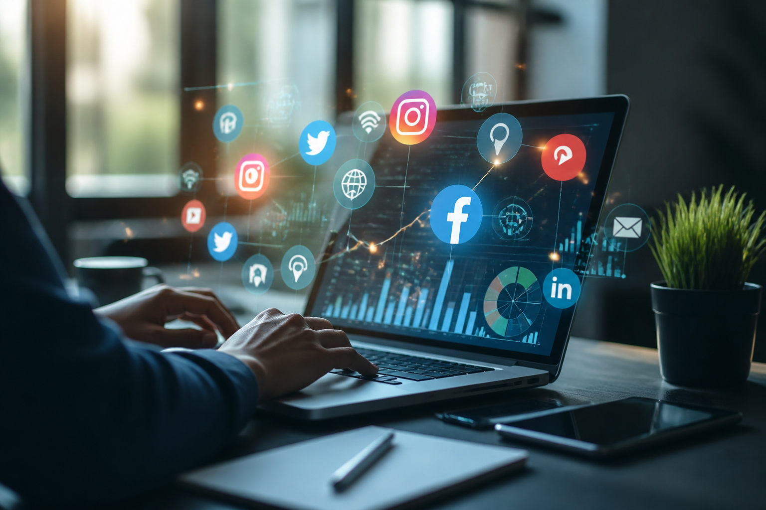 Concept de marketing digital avec icônes des réseaux sociaux et données analytiques affichées à l'écran