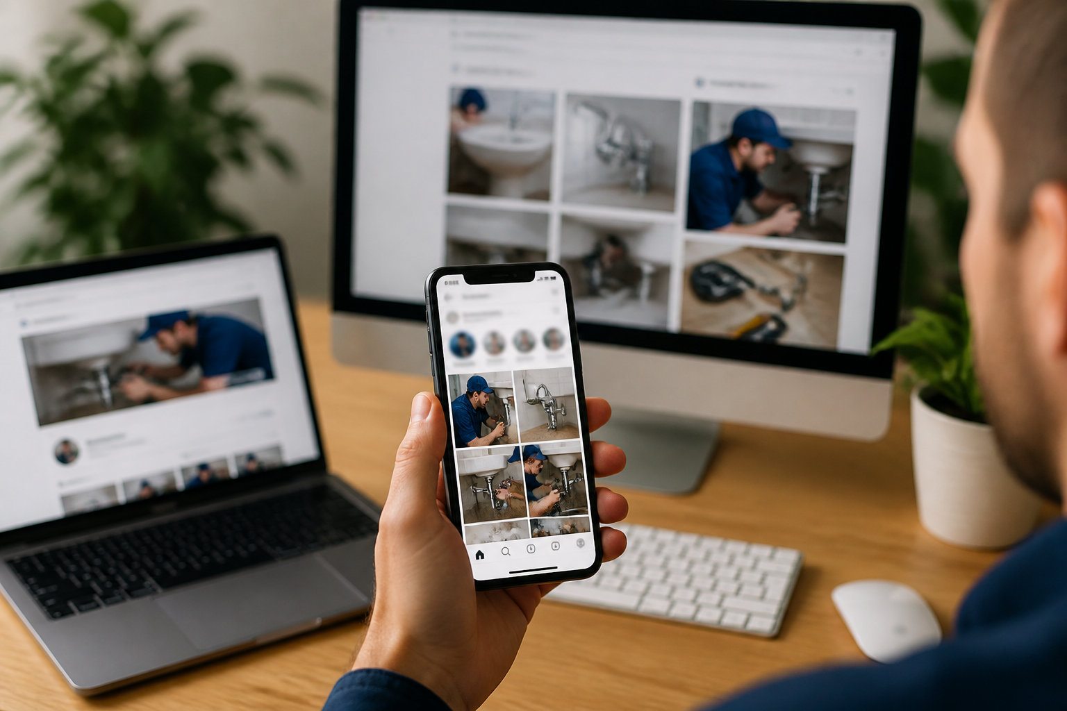 Artisan plombier utilisant les réseaux sociaux et publicité digitale