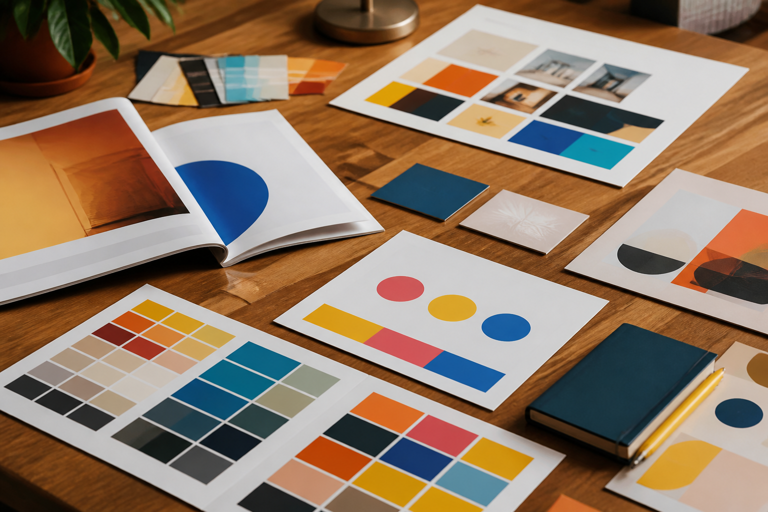 Éléments colorés de branding tels que logos, échantillons de typographie et guides de marque sur une table
