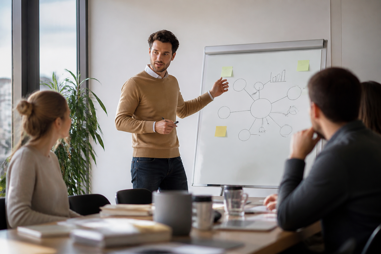Réunion de stratégie SEO en PME avec consultant marketing