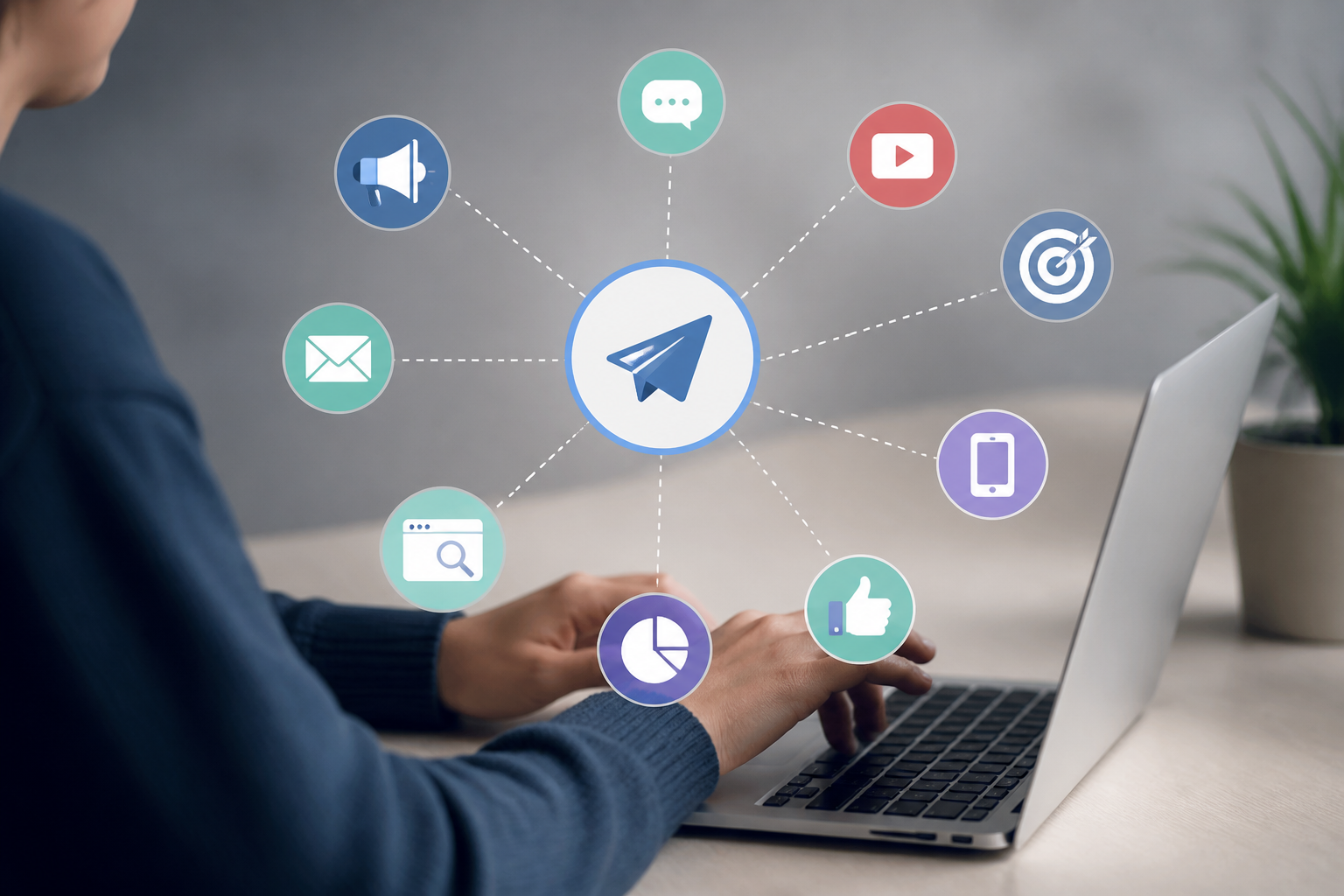 Schéma des canaux de communication digitale autour d’un plan structuré