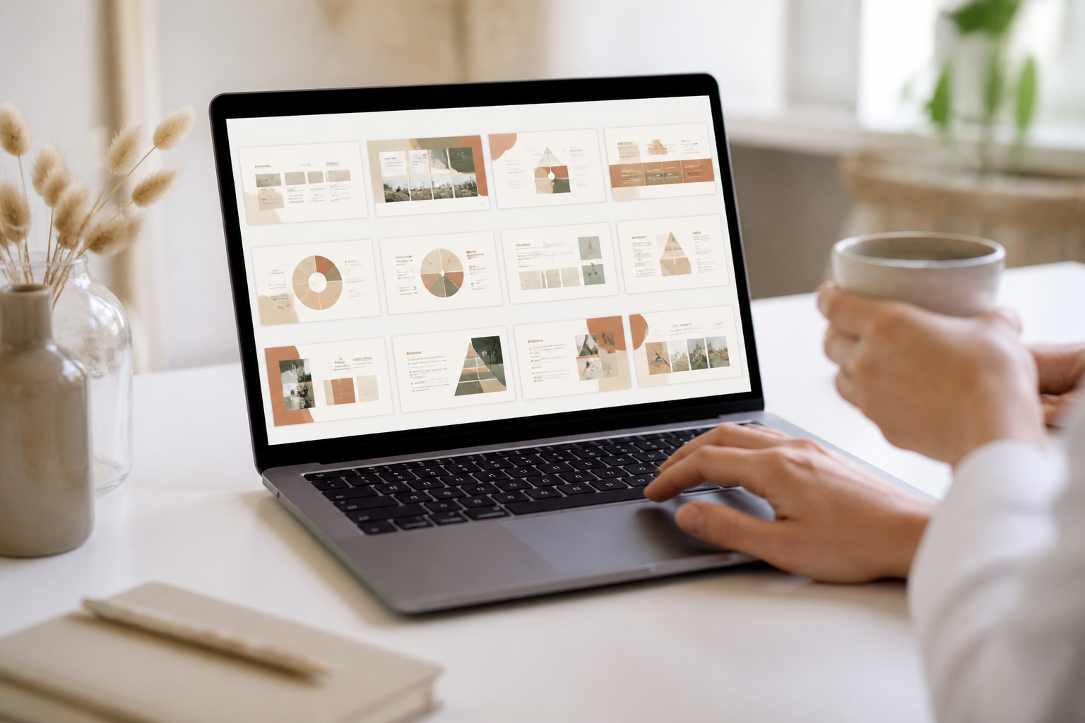 Écran d'ordinateur avec modèle de plan de communication Canva dans un espace de travail lumineux