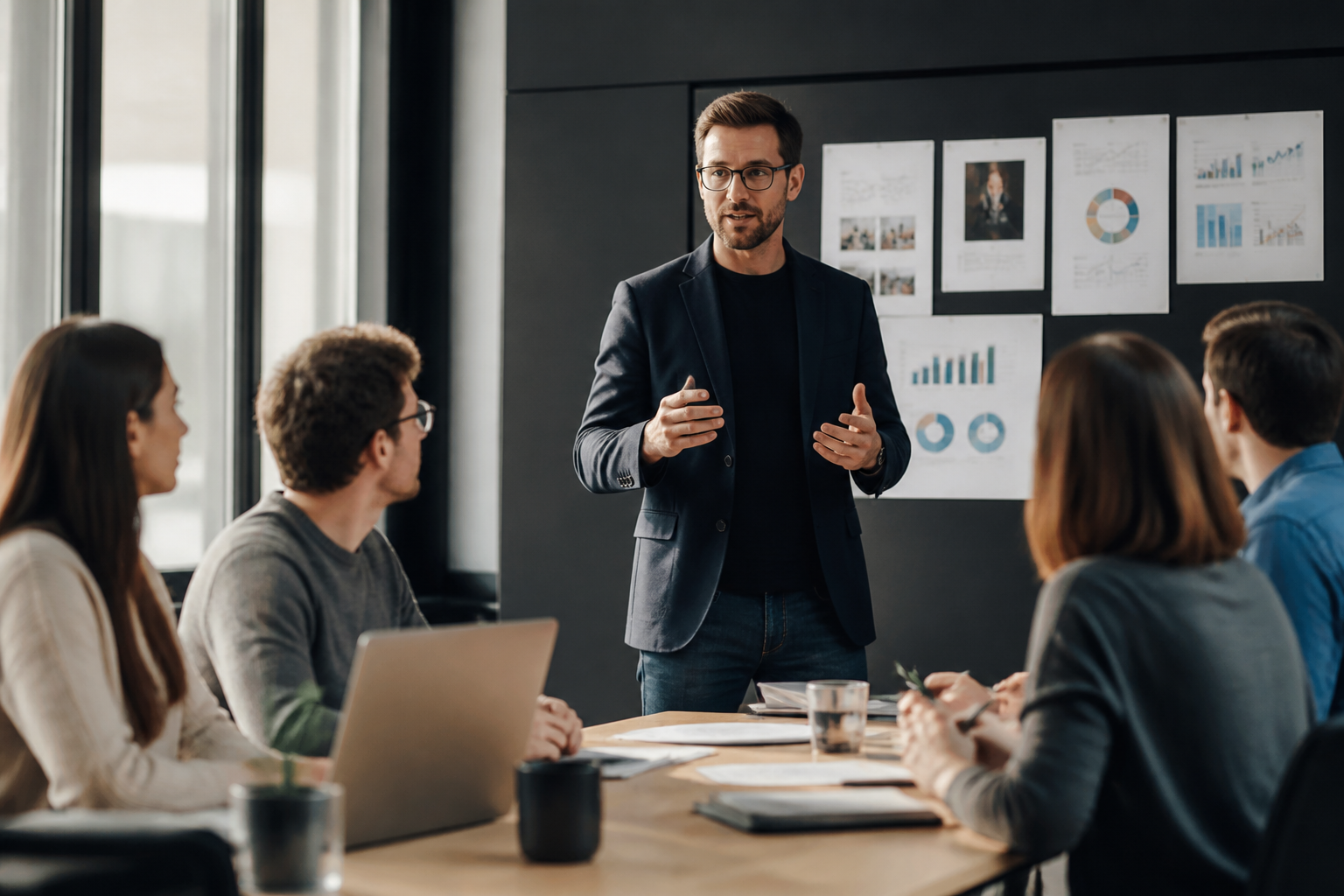 Dirigeant de PME expliquant le personal branding à son équipe