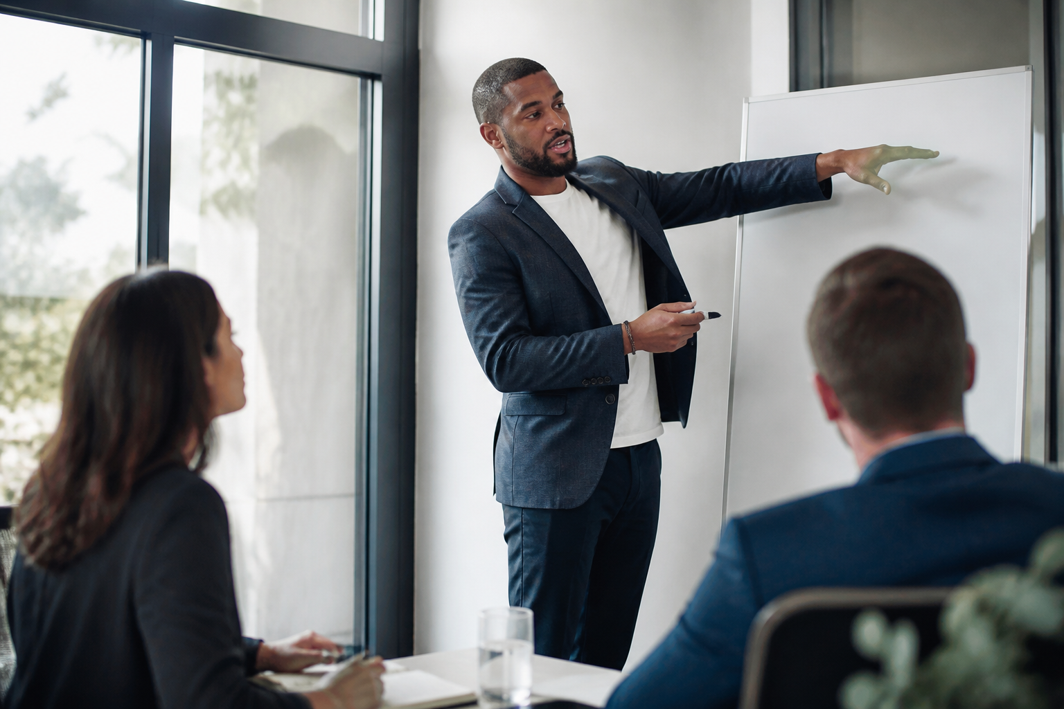 Consultant marketing digital présentant une stratégie de branding pour PME