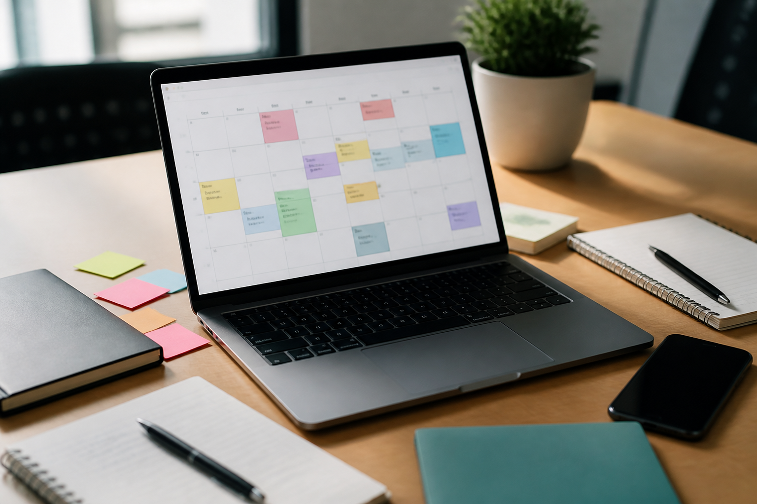 Calendrier numérique affichant les étapes clés d'un plan de communication projet sur ordinateur portable