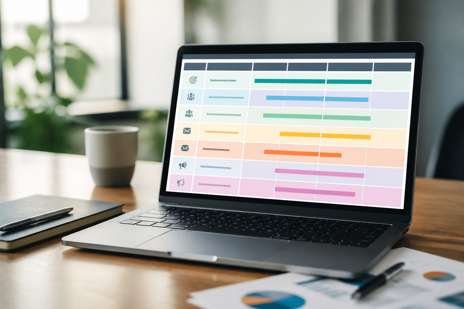 Ordinateur portable affichant un tableau de plan de communication marketing digital pour PME