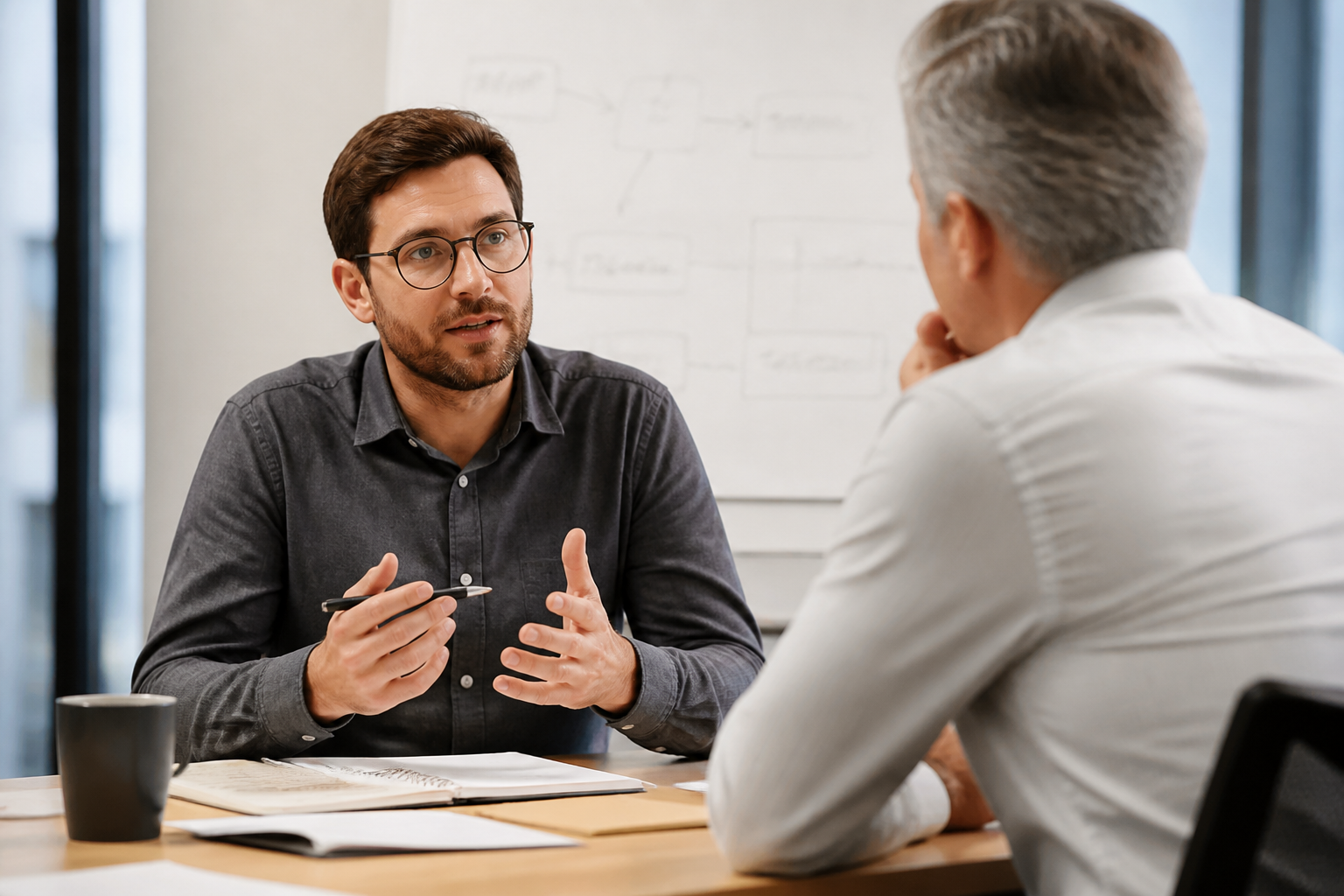 Consultant marketing en réunion stratégique avec un dirigeant de PME