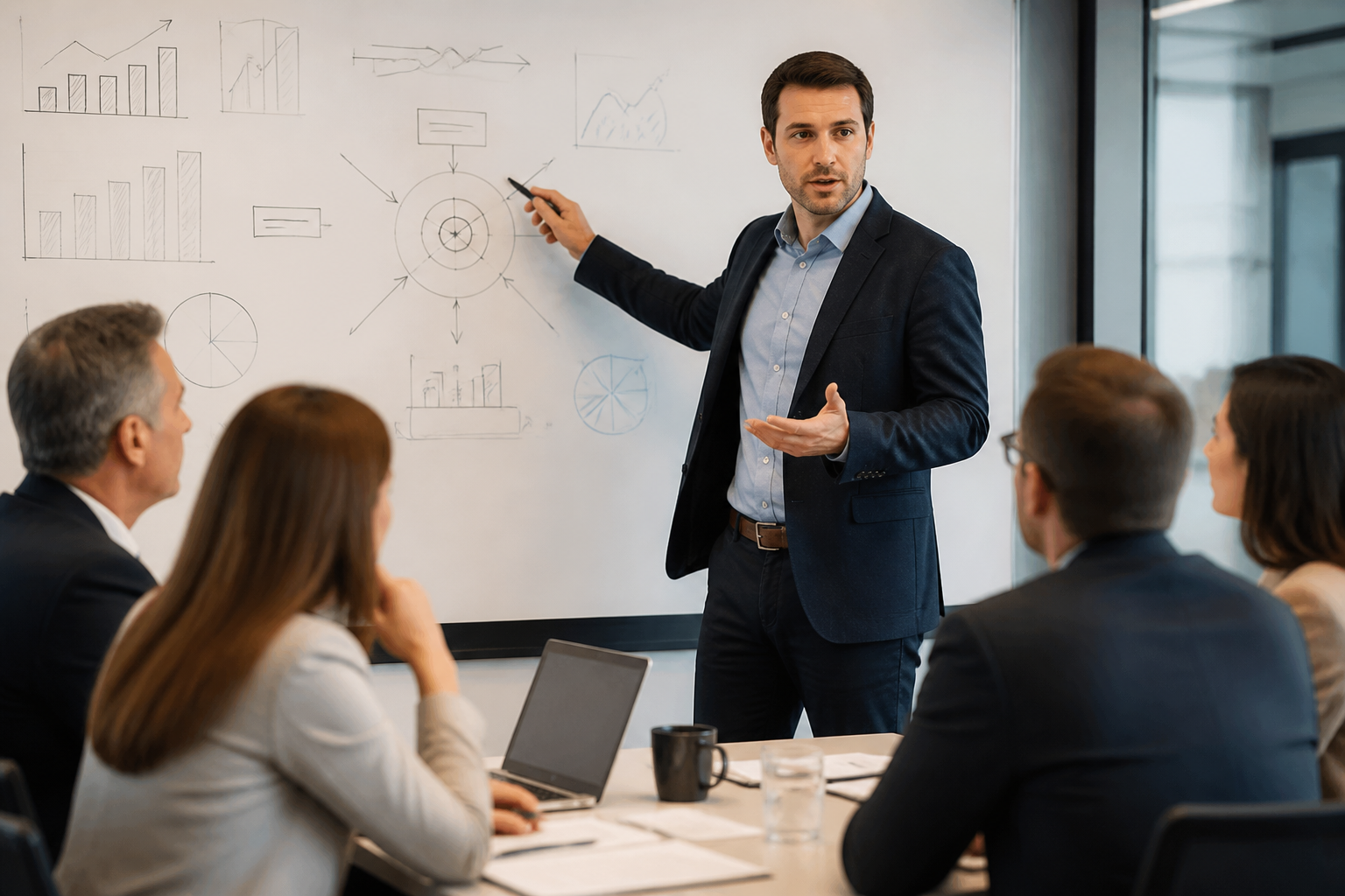 Consultant marketing expliquant une stratégie devant dirigeants PME