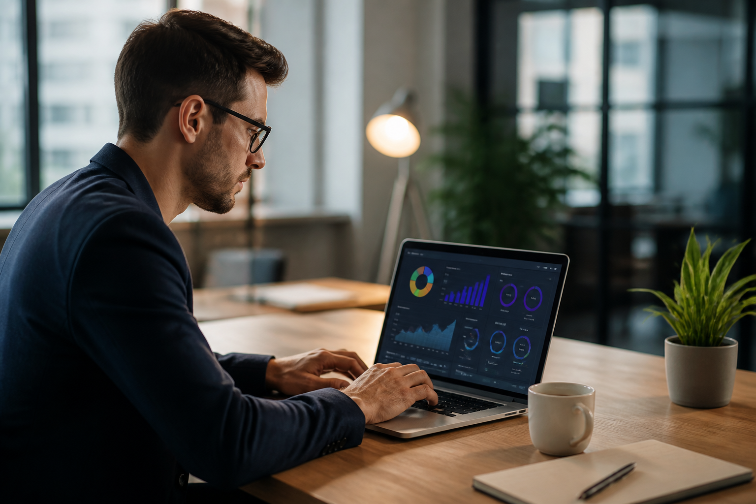 Consultant SEO freelance travaillant sur ordinateur avec graphiques de référencement