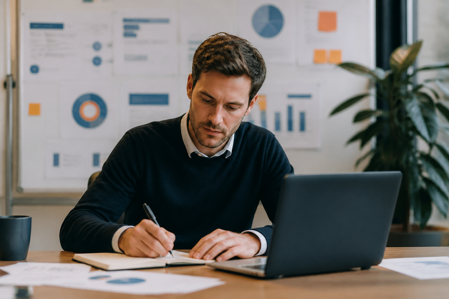 Consultant marketing indépendant en pleine analyse de stratégies sur ordinateur