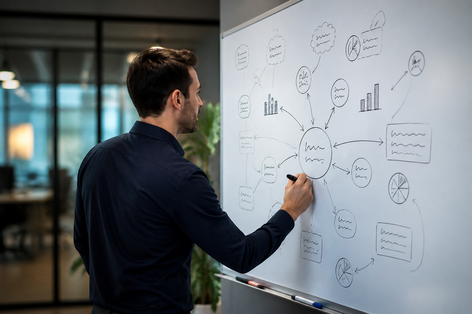 Tableau blanc illustrant une stratégie SEO avec mots clés et flèches