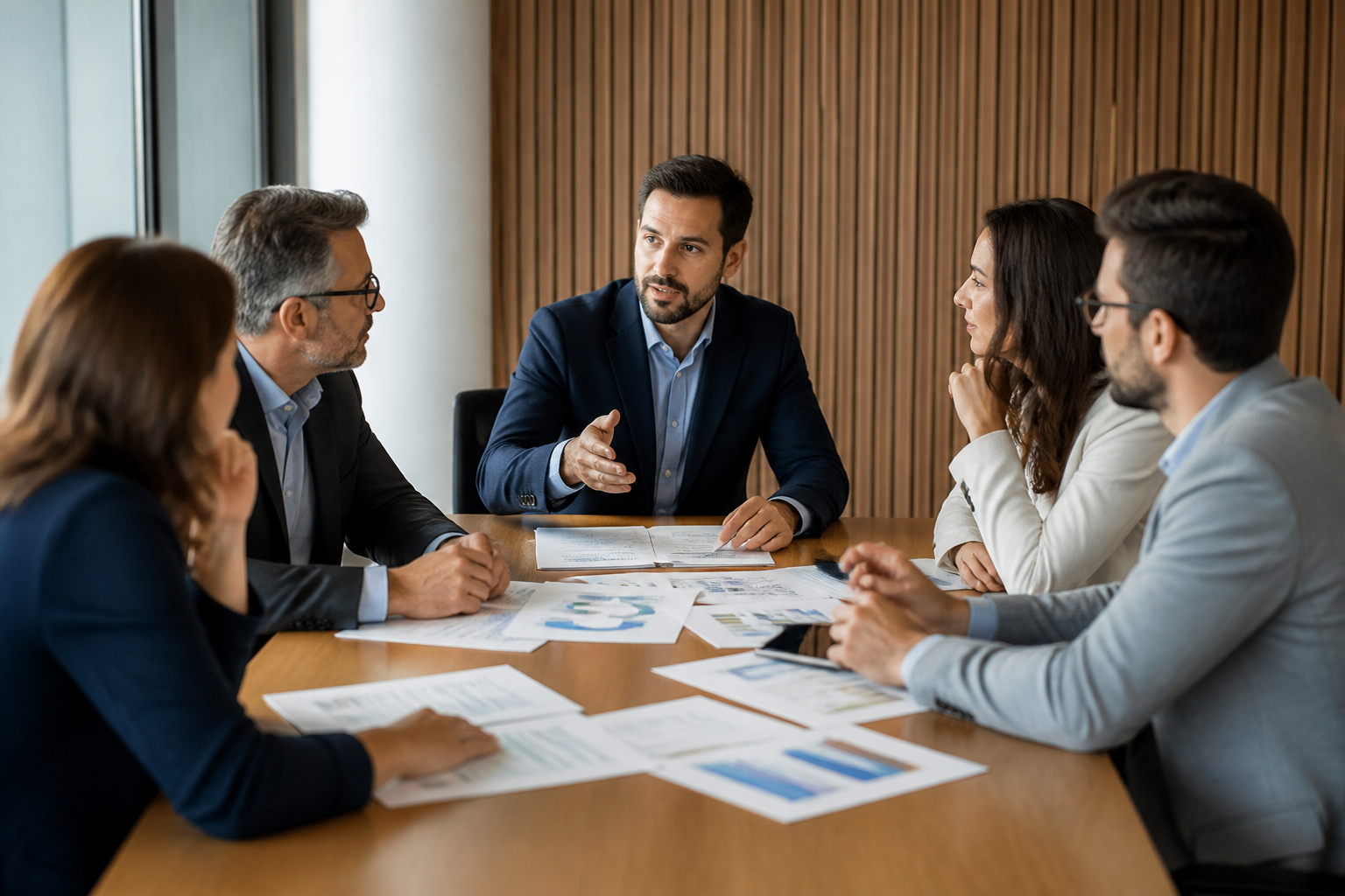 Consultant marketing discutant stratégie d'image de marque avec dirigeants de PME