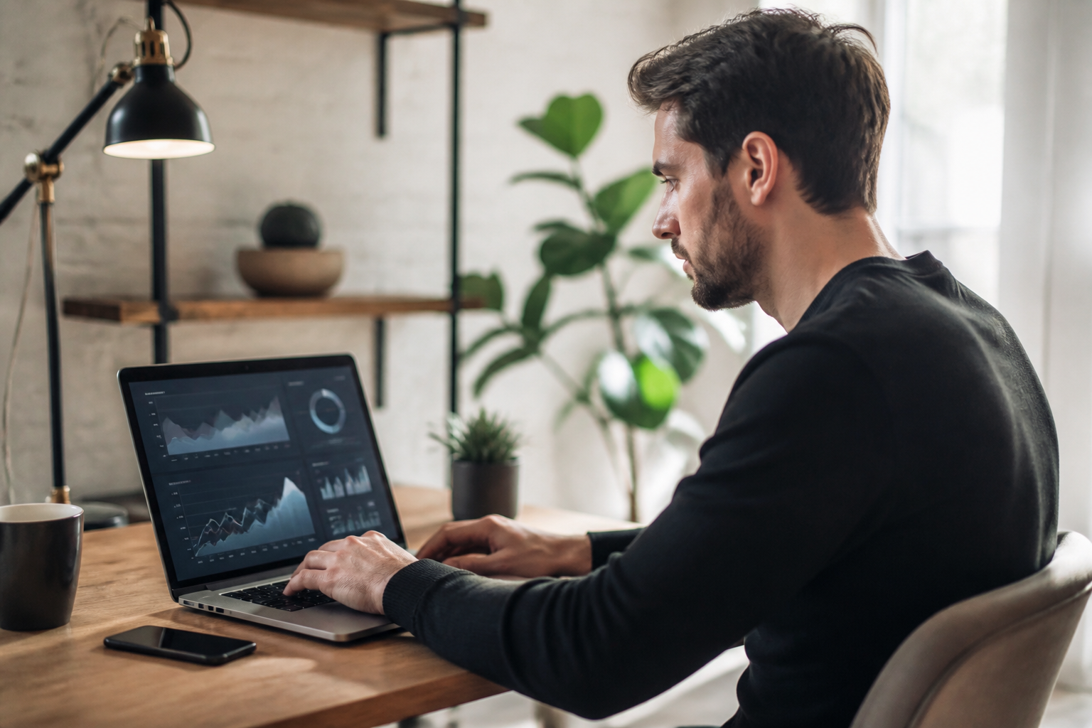 Entrepreneur indépendant analysant des données marketing sur ordinateur